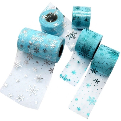 Blue Snowflake Pattern Polyester Organza Tulle Rolls Fabric 15.2cm
