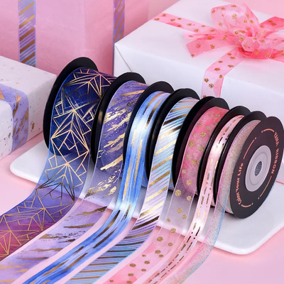 Good price Gold Foil Chiffon Ribbon Printing Custom Logo Satin 100% Polyester For Packaging Roll online