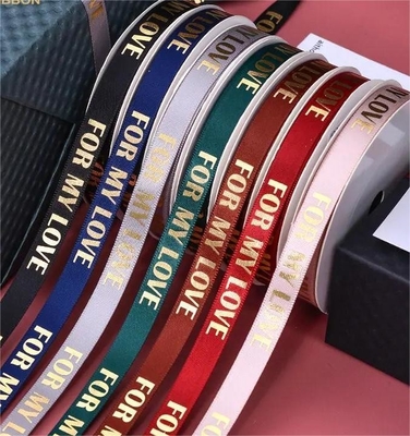 Buy Customize Polyester Foil Gold Printed Satin Ribbon For Gift Packing Box 9MM online manufacture
