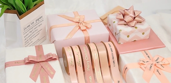 Buy High Tenacity Gift Wrapping Satin Ribbon with Custom Printed Logo and Rose Gold Foil online manufacture