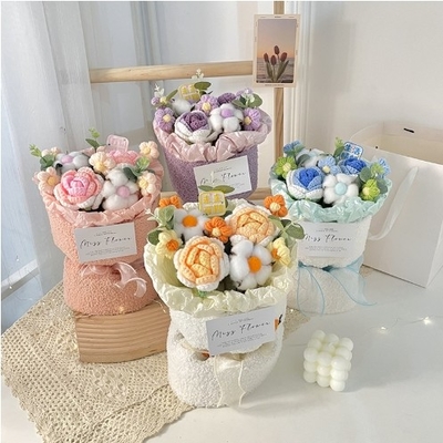 Good price Children's Day Gift Portable Simulation Bouquet Bag with Knitted Plush Rose Puff Flower in Multiple Colors online