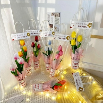 Good price Simulation PU Tulip Hug Bucket Cute Wool Flower Hug Blessing Gift Creative Festival Holiday Gift Wholesale online