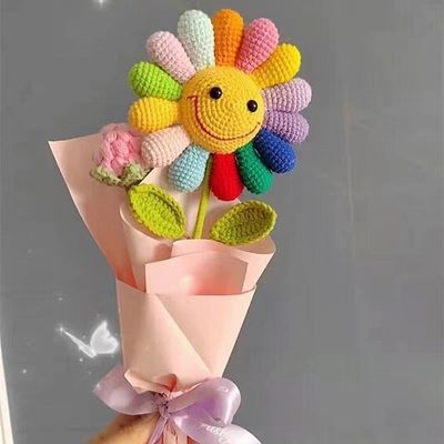 Good price Colorful Knitted Pile Sunflower Bouquet Everlasting Flowers Rainbow Artificial Sunflowers DIY Yarn Floral Arrangement online