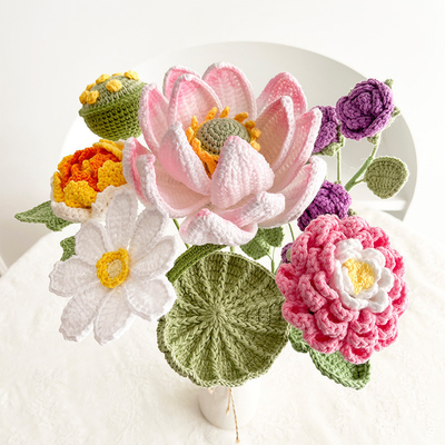 Good price Handmade Knitted Pile Artificial Flower Bouquet with Lotus and Peony Flowers A Beautiful Home Desktop Ornament online