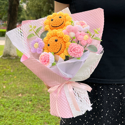 Good price Smiling Face Sunflower and Common Sunflower Woolen Flower Bouquet Finished Product Birthday and Valentine's Day Gift Handmade Knitted Flowers Cross-border Wholesale online