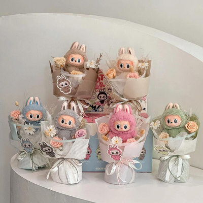 Buy Cute Finished Labubu Plush Doll Bouquet Labubu Plush Doll with Real Flowers Birthday Gift Boutique Wholesale online manufacture