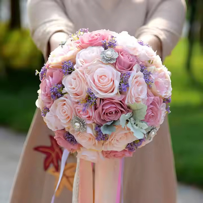 Buy Artificial Pink Rose Flower Bouquet Home Wedding Decorative Flowers for Bride Bridesmaid Flower Bouquets Valentines Day Gift online manufacture
