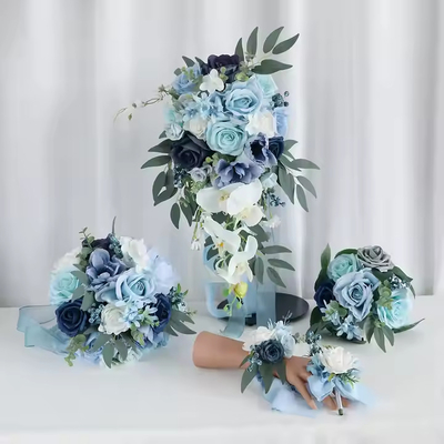 Good price Ice Blue Rose Bride Holding Flowers Bridesmaid Bouquet Wedding Corsage Wrist Flower Wedding Artificial Flowers online