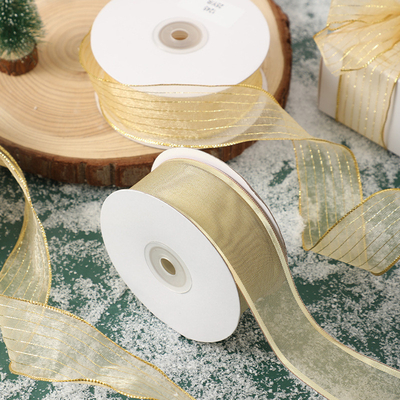 Good price Polyester Christmas Ribbon for Baking Packaging 4cm/25m Metal Wire Edge Gift Packaging Ribbon Net Snow Ribbon Decoration Ribbon online