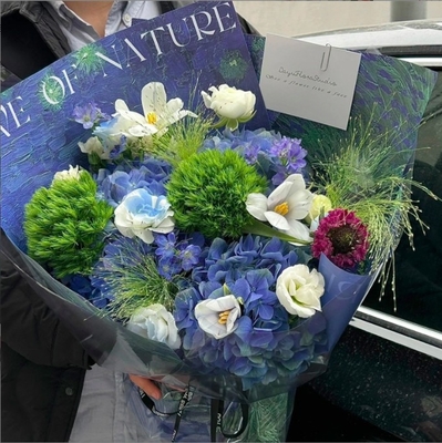Good price New Qixi Festival flower bouquet wrapping paper, a popular blue series of paper, Valentine's Day oil-painted style flower wrapping paper online
