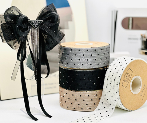 Good price Gift Wrapping Ribbon Roll 4cm with Dots Flocking and Tree Wrinkles Ideal for Flower Packaging and Headwear Accessories online
