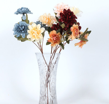 Good price Simulated flower silk fabric, 3 heads of dahlias, wedding hall decoration, living room stage arrangement, silk flowers, fake flowers, flower arrangement, and green plants online