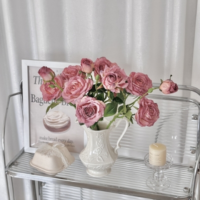 Good price Retro charred edge 3-head rose, oil paint-like artificial flower, dried flower bouquet, bouquet, artificial flower arrangement, photo prop online