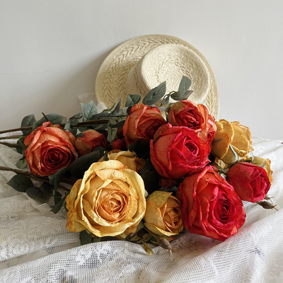 Good price Rose simulation fake flower dining table, coffee table decoration bouquet, high-end feeling, charred edge European artificial flower decoration, living room silk flower online