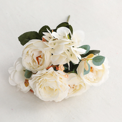 Buy Simulated European style small handle bouquet of roses, fake flowers, living room home decoration, simulated bouquet of 6 hydrangeas, hibiscus roses online manufacture
