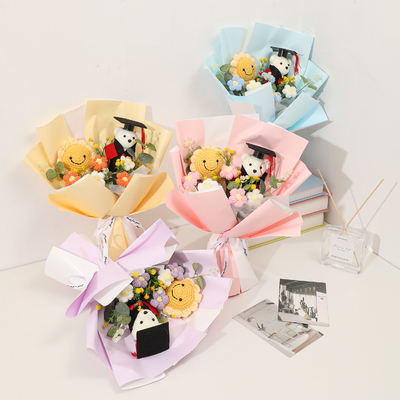 Good price Doctor Bear graduation bouquet sunflower knitted wool knitted finished product simulation flower college entrance examination encouragement gift online