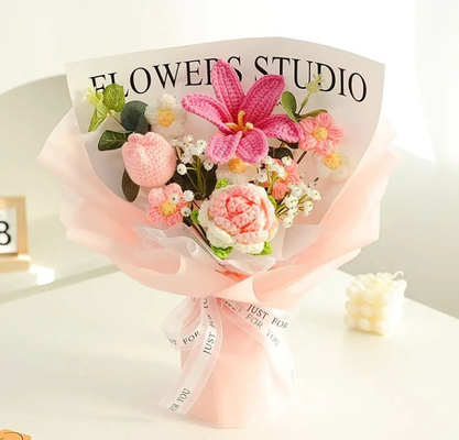 Good price Already Made Artificial Woven Blue Rose Crochet Flower Bouquet for Anniversary Valentines Day Gift online