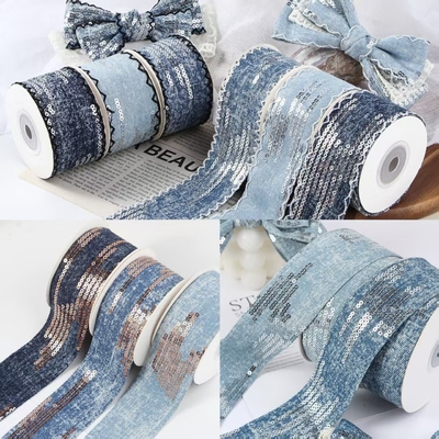 Handmade Bows Sequins Straight Cut Edges Denim Webbing Color Fastness Hair Accessories DIY Materials Clothing Accessories Straps 4cm/10m