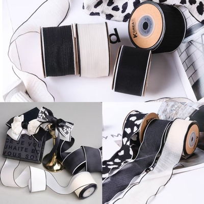 100m High Tenacity Shiny Black and White Border Snow Textile Belt DIY Bow Hair Accessories for Flower Shop Packaging Gift Box