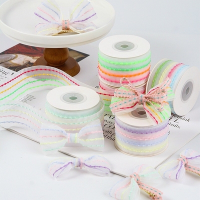 4cm/10m Four Color Striped Bubble Transparent Gauze Ribbon Hair Accessory Eco-friendly Material for DIY Bow Bouquet Packaging