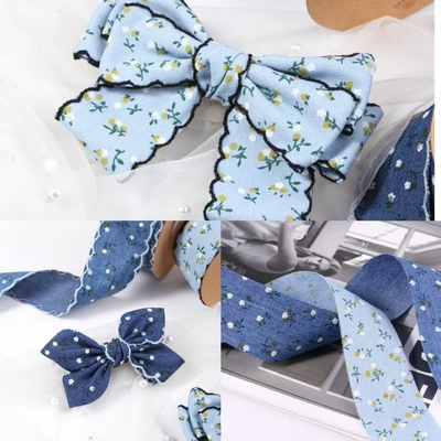 2.5cm Bud Edge/straight Edge Single-sided Small Floral Imitation Denim Ribbon Flower Gift Box Packaging DIY Bow Headband Color Fastness