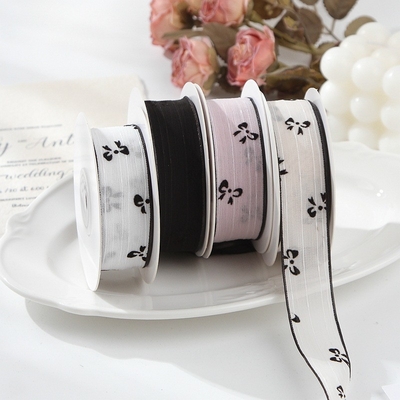 Good price Butterfly print snow ribbon hair accessories DIY bow flower accessories gift box packaging bow flocking snow ribbon online