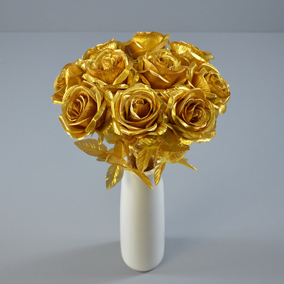 Good price Silk Flower Golden Rose Photography Props Wedding Decoration Single Branch Rose Living Room Home Decoration Flowers online