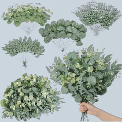 Good price Simulation of a single money leaf, eucalyptus leaf, small flower bundle, 5-fork Insen series wedding flower arrangement accessories, material decoration online