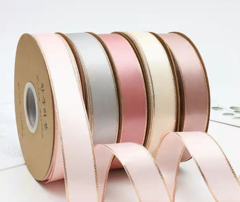 Handmade Bow and Gold Border Ribbon Decoration on High Tenacity Double-Sided Polyester Belt for Baked Flowers Gift Packaging