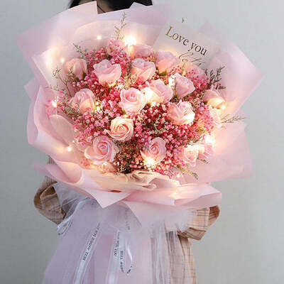 Good price Baby's Breath Artificial Soap Flower Bouquet With White Gauze Fale Roses Flowers Valentine's Day Gift online