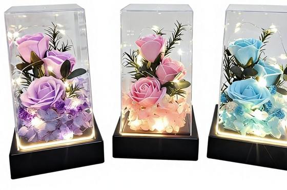 Good price 520 Eternal Flower Soap Bouquet Square Glass Cover Night Light Rose 3 Soap Flowers Valentine's Day Mother's Day Birthday Gift online