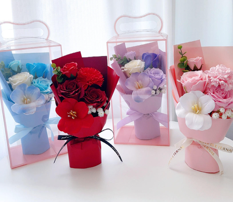 Good price Artificial Soap Flower Bouquet with Transparent Gift Box Preserved Rose Carnation Flower for Mother's Day Valentine's Day Gift online