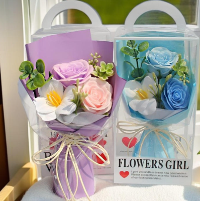Good price Luxury Red/Pink/Purple Artificial Soap Flower Bouquet Clear Gift Box Long-Lasting Romantic Valentine's Day Gift for Her online