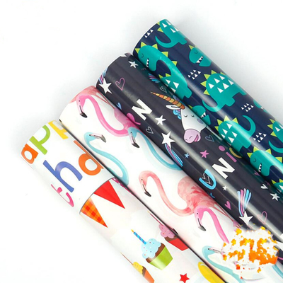 Good price Flamingos And Dinosaurs Gold Gift Wrap Paper Roll Cartoon Design For Kids online
